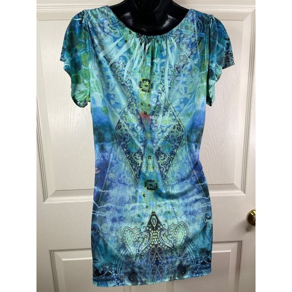 Apt 9 Blouse Women Blue Green Short Sleeve Stretch Smooth Knit Top Size Medium M - Picture 10 of 11
